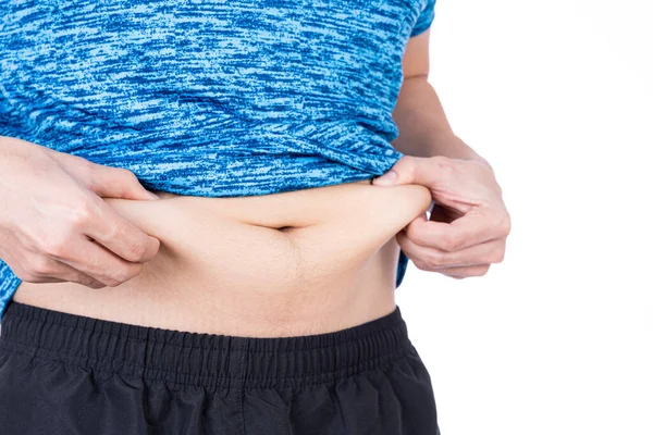 Grubas Trzymający Nadmiar Tłuszczu Brzuchu Otyły Tłusty Brzuch Wyizolowany Białym — Zdjęcie stockowe