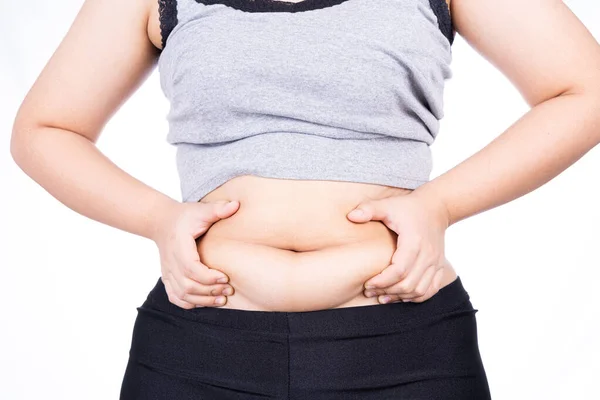 Gruba Kobieta Trzymająca Nadmiar Tłuszczu Brzuchu Otyły Tłusty Brzuch Izolowany — Zdjęcie stockowe