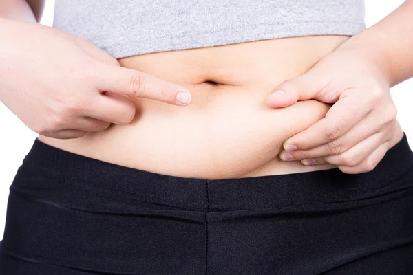 肥胖女人腹部肥大 肥胖的腹部孤立在白底之上 饮食生活方式 体重减轻 胃肌肉 健康观念 — 图库照片