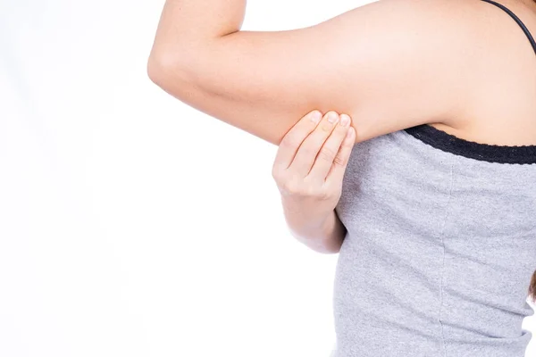 Woman Holding Excessive Fat Arm Isolated White Background Woman Pinching — Stock Photo, Image