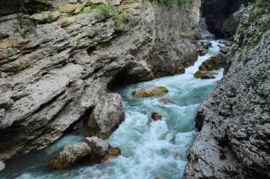 Kayaların arasında bir dağ nehri akıyor. Nehrin suları kayalara çarpıyor ve hızla akan bir dereye doğru koşuyor..