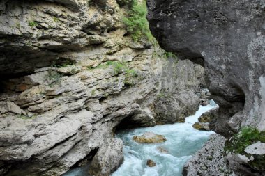 Kayaların arasında bir dağ nehri akıyor. Nehrin suları kayalara çarpıyor ve hızla akan bir dereye doğru koşuyor..
