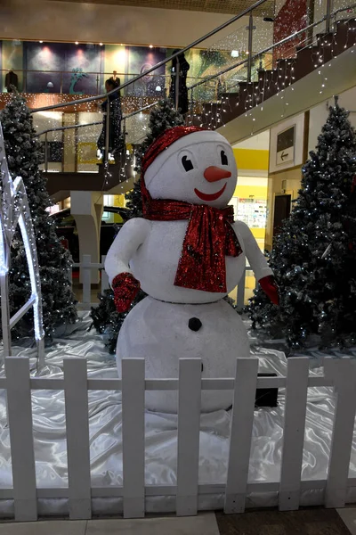 Ein Einsamer Schneemann Steht Hinter Einem Kleinen Zaun Auf Dem — Stockfoto