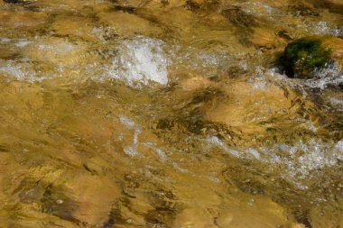 Nehrin kaynayan suyu büyük ve küçük taşların üzerinden akar. Nehirdeki su temiz, hızlı akıyor ve tüm tabanı görülebiliyor..