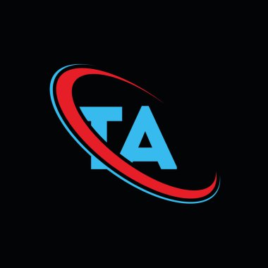 TA T Harf Logosu Tasarımı. İlk harf TA bağlı daire büyük harfli monogram logo kırmızı ve mavi. TA logosu, T A tasarımı. Evet.