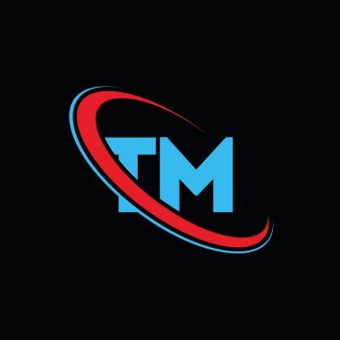 TM T M harfi logo tasarımı. İlk harf TM bağlı daire büyük harfli monogram logo kırmızı ve mavi. TM logosu, T M tasarımı. Bu, bu...