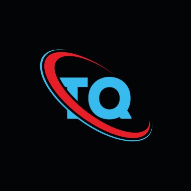 TQ T Q harfi logo tasarımı. İlk harf TQ bağlı daire büyük harfli monogram logo kırmızı ve mavi. TQ logosu, T-Q tasarımı. tq t q