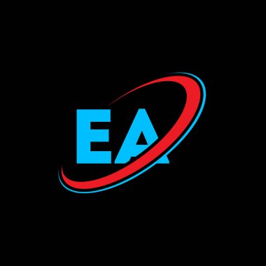 EA E Harf Logosu Tasarımı. İlk harf EA bağlı daire büyük harfli monogram logo kırmızı ve mavi. EA logosu, E-A tasarımı. Evet, evet.