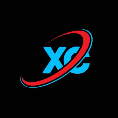 XC X C harfi logo tasarımı. İlk harf XC bağlı daire büyük harfli monogram logo kırmızı ve mavi. XC logosu, X C tasarımı. xc, x c