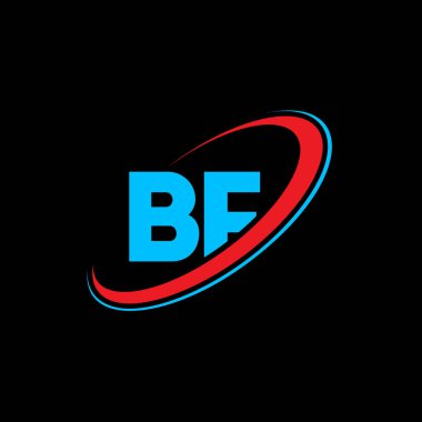 BF B harfi logo tasarımı. İlk harf BF bağlı daire büyük harfli monogram logo kırmızı ve mavi. BF logosu, B F tasarımı. bf, b f