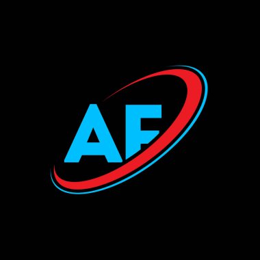 AF F harfli logo tasarımı. İlk harf AF bağlı daire büyük harfli monogram logo kırmızı ve mavi. AF logosu, A F tasarımı. f, bir f