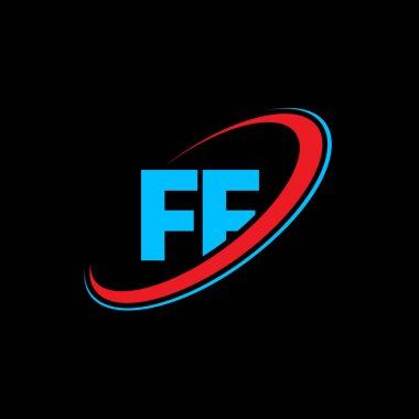 FF F harfi logo tasarımı. İlk harf FF bağlı daire büyük harf monogram logosu kırmızı ve mavi. FF logosu, F F tasarımı. f, f
