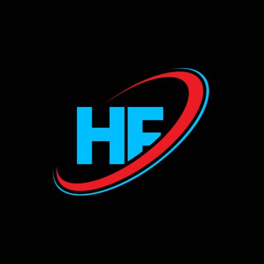 HF H F harfi logo tasarımı. İlk harf HF bağlı daire büyük harfli monogram logo kırmızı ve mavi. HF logosu, H F tasarımı. Hı, hı
