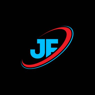 JF J F letter logo design. Initial letter JF linked circle uppercase monogram logo red and blue. JF logo, J F design. jf, j f vector