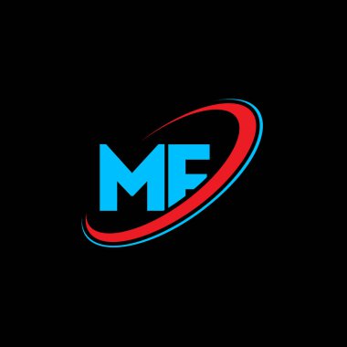 MF F harfli logo tasarımı. İlk harf MF bağlı daire büyük harfli monogram logo kırmızı ve mavi. MF logosu, MF tasarımı. MF, M