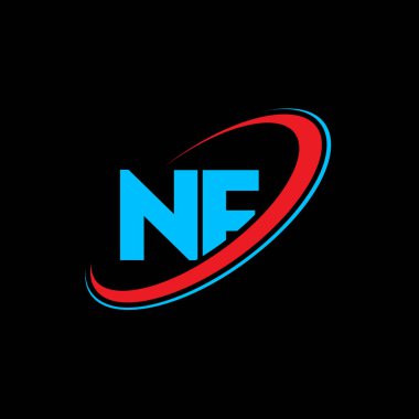 NF N harfi logo tasarımı. İlk harf NF bağlı daire büyük harfli monogram logo kırmızı ve mavi. NF logosu, NF tasarımı. Hayır, hayır.