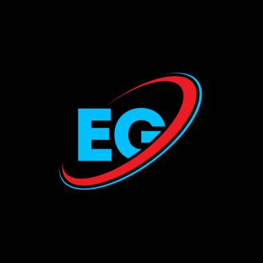 EG E harfi logo tasarımı. İlk harf EG bağlı daire büyük harfli monogram logo kırmızı ve mavi. EG logosu, E-G tasarımı. Örneğin, e g