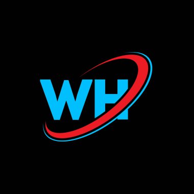 WH W H harfi logo tasarımı. İlk harf WH bağlı daire büyük harfli monogram logo kırmızı ve mavi. WH logosu, W H tasarımı. Ne, ne?