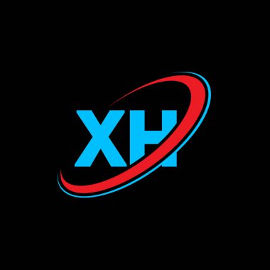 XH X H harfi logo tasarımı. İlk harf XH bağlı daire büyük harfli monogram logo kırmızı ve mavi. XH logosu, X H tasarımı. xh, x h