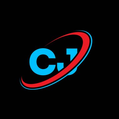 CJ C J harf logosu tasarımı. İlk harf CJ bağlı daire büyük harfli monogram logo kırmızı ve mavi. CJ logosu, C J tasarımı. cj, c j