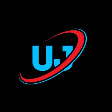 UJ U J harfi logo tasarımı. İlk harf UJ bağlı daire büyük harfli monogram logo kırmızı ve mavi. UJ logosu, UJ tasarımı. Uj, u j