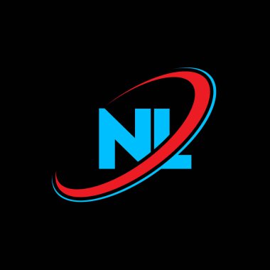 NL N L harfi logo tasarımı. İlk harf NL bağlı daire büyük harf monogram logosu kırmızı ve mavi. NL logosu, N L tasarımı. Hayır, hayır.