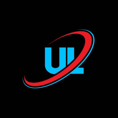 UL U harfi logo tasarımı. İlk harf UL bağlantılı daire büyük harf monogram logosu kırmızı ve mavi. UL logosu, U L tasarımı. Hey, sen!