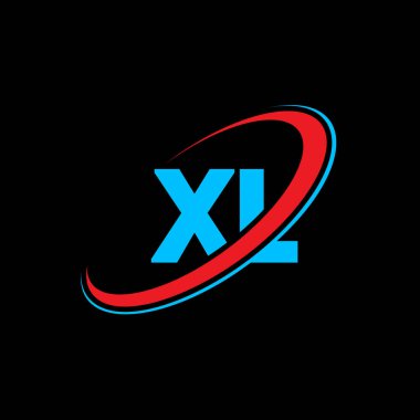 XL X L harf logosu tasarımı. İlk harf XL bağlı daire büyük harf monogram logosu kırmızı ve mavi. XL logosu, X L tasarımı. XI, X!