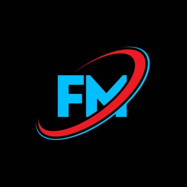 FM F M harfi logo tasarımı. İlk harf FM bağlı daire büyük harfli monogram logo kırmızı ve mavi. FM logosu, F M tasarımı. FM, F