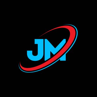 JM J M mektup logosu tasarımı. İlk harf JM bağlı daire büyük harfli monogram logo kırmızı ve mavi. JM logosu, J M tasarımı. jm, jm