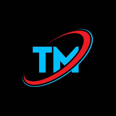 TM T M harfi logo tasarımı. İlk harf TM bağlı daire büyük harfli monogram logo kırmızı ve mavi. TM logosu, T M tasarımı. Bu, bu...