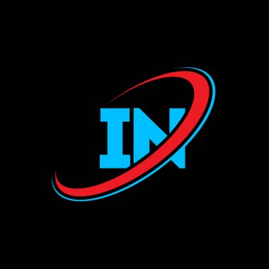 In N harf logosu tasarımı. İlk harf birbirine bağlı daire büyük harfli monogram logo kırmızı ve mavi. Logo, I N tasarım. İçeri, içeri.