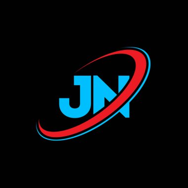 JN J harfli logo tasarımı. İlk harf JN bağlı daire büyük harfli monogram logo kırmızı ve mavi. JN logosu, J N tasarımı. Jn, j n