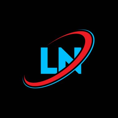 LN L N harfi logo tasarımı. İlk harf LN bağlantılı daire büyük harfli monogram logo kırmızı ve mavi. LN logosu, L N tasarımı. İçeri.
