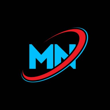 MN M N harfi logo tasarımı. İlk harf MN bağlantılı daire büyük harfli monogram logo kırmızı ve mavi. MN logosu, M N tasarımı. Hayır, hayır.