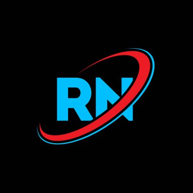 RN R N harfli logo tasarımı. İlk harf RN bağlı daire büyük harfli monogram logo kırmızı ve mavi. RN logosu, R N tasarımı. Rn, r