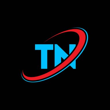 TN T harfi logo tasarımı. İlk harf TN bağlı daire büyük harfli monogram logo kırmızı ve mavi. TN logosu, T N tasarımı. Hayır, hayır.