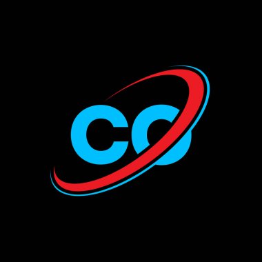 Karbonmonoksit logosu tasarımı. İlk harf CO bağlı daire büyük harf monogram logosu kırmızı ve mavi. Karbonmonoksit logosu, karbondioksit tasarımı. co, c o, C & O