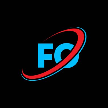 Fo F O harfi logo tasarımı. İlk harf FO bağlı daire büyük harf monogram logosu kırmızı ve mavi. Fo logosu, F O tasarımı. fo, fo, F & O