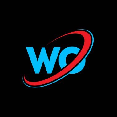 WO harf logosu tasarımı. İlk harf WO bağlı daire büyük harfli monogram logo kırmızı ve mavi. WO logosu, W O tasarımı. wo, w o, W & O