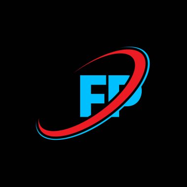 FP F P harfi logo tasarımı. İlk harf FP bağlı daire büyük harf monogram logosu kırmızı ve mavi. FP logosu, F P tasarımı. fp, f p, F & P