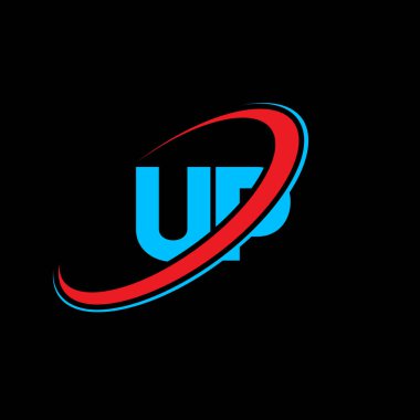 UP U P harfi logo tasarımı. Baş harf UP bağlı daire büyük harf monogram logosu kırmızı ve mavi. UP logosu, UP tasarımı. yukarı, u p, U & P