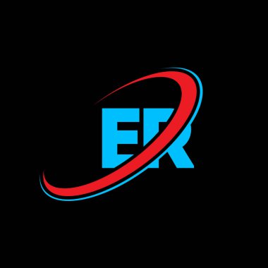 Acil Servis harf logosu tasarımı. İlk harf ER bağlı daire büyük harfli monogram logo kırmızı ve mavi. Acil servis logosu, E R tasarımı. Şey, eee...