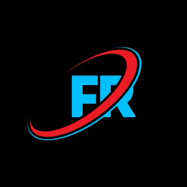 FR F harfi logo tasarımı. İlk harf FR bağlı daire büyük harfli monogram logo kırmızı ve mavi. FR logosu, F R tasarımı. Öf, öf.