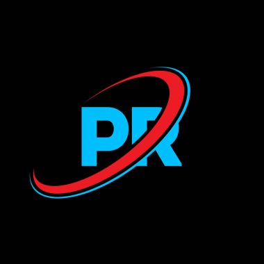 PR P R harfi logo tasarımı. İlk harf PR bağlantılı daire büyük harfli monogram logo kırmızı ve mavi. Halkla ilişkiler logosu, PR tasarımı. Pr, p.
