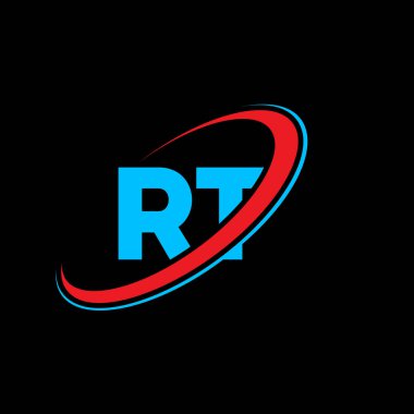 RT R T harfi logo tasarımı. İlk harf RT bağlı daire büyük harf monogram logosu kırmızı ve mavi. RT logosu, R T tasarımı. Evet, evet.