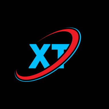 XT T harf logosu tasarımı. İlk harf XT bağlı daire büyük harf monogram logosu kırmızı ve mavi. XT logosu, X T tasarımı. xt, x t