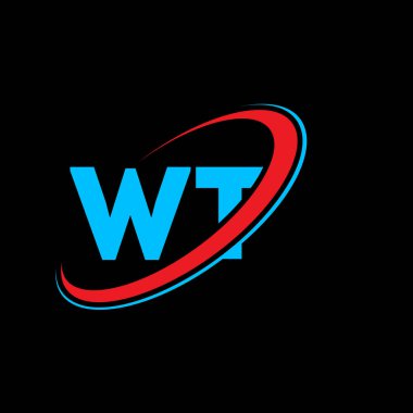 WT W T harf logosu tasarımı. İlk harf WT bağlı daire büyük harf monogram logosu kırmızı ve mavi. WT logosu, W T tasarımı. Ne, ne?