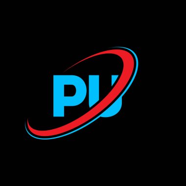 PU P harf logosu tasarımı. İlk harf PU bağlı daire büyük harfli monogram logo kırmızı ve mavi. PU logosu, PU tasarımı. Pu, p u