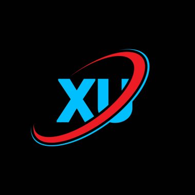 XU X U harf logosu tasarımı. İlk harf XU bağlı daire büyük harfli monogram logo kırmızı ve mavi. XU logosu, X U tasarımı. xu, x u